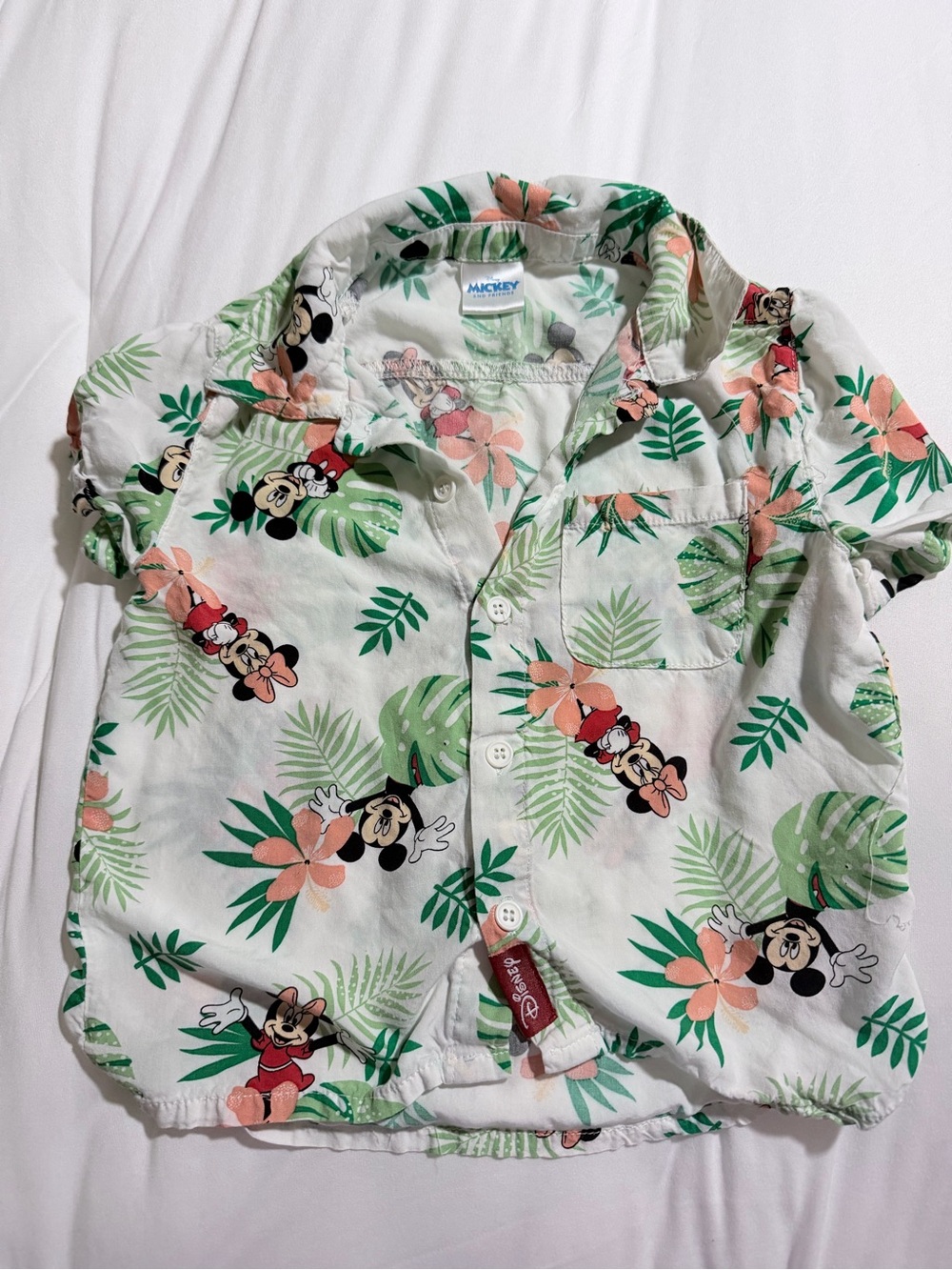 Disney White Button-Up Shirt with Green Leaves and Peach Floral Mickey Print